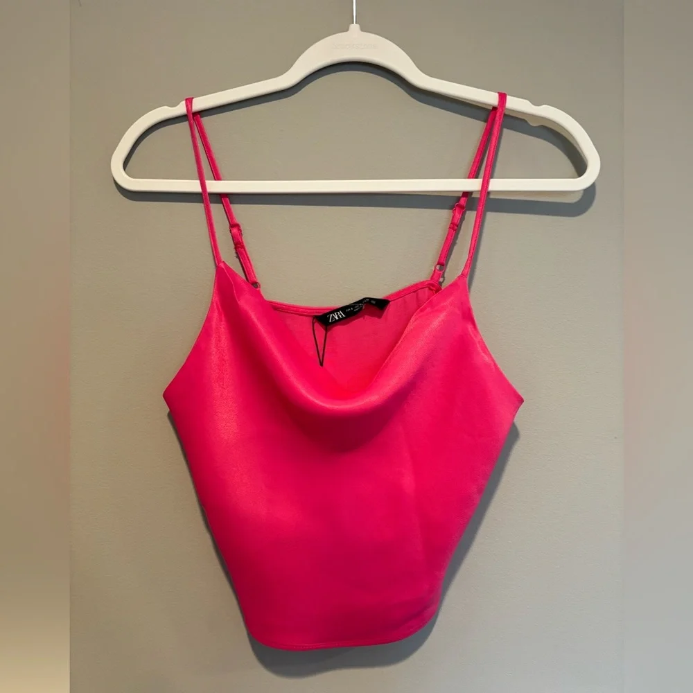 Women's Zara Satin Pink Cropped Tank Top - Size Small NWT adjustable str… - Picture 2 of 10